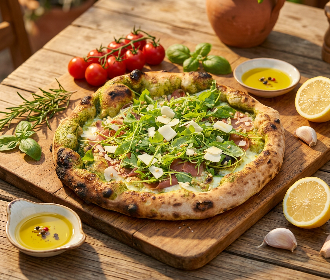 Pizza Grinch de Napoli Breizh : base pesto, jambon de Parme, roquette, pecorino et amandes
