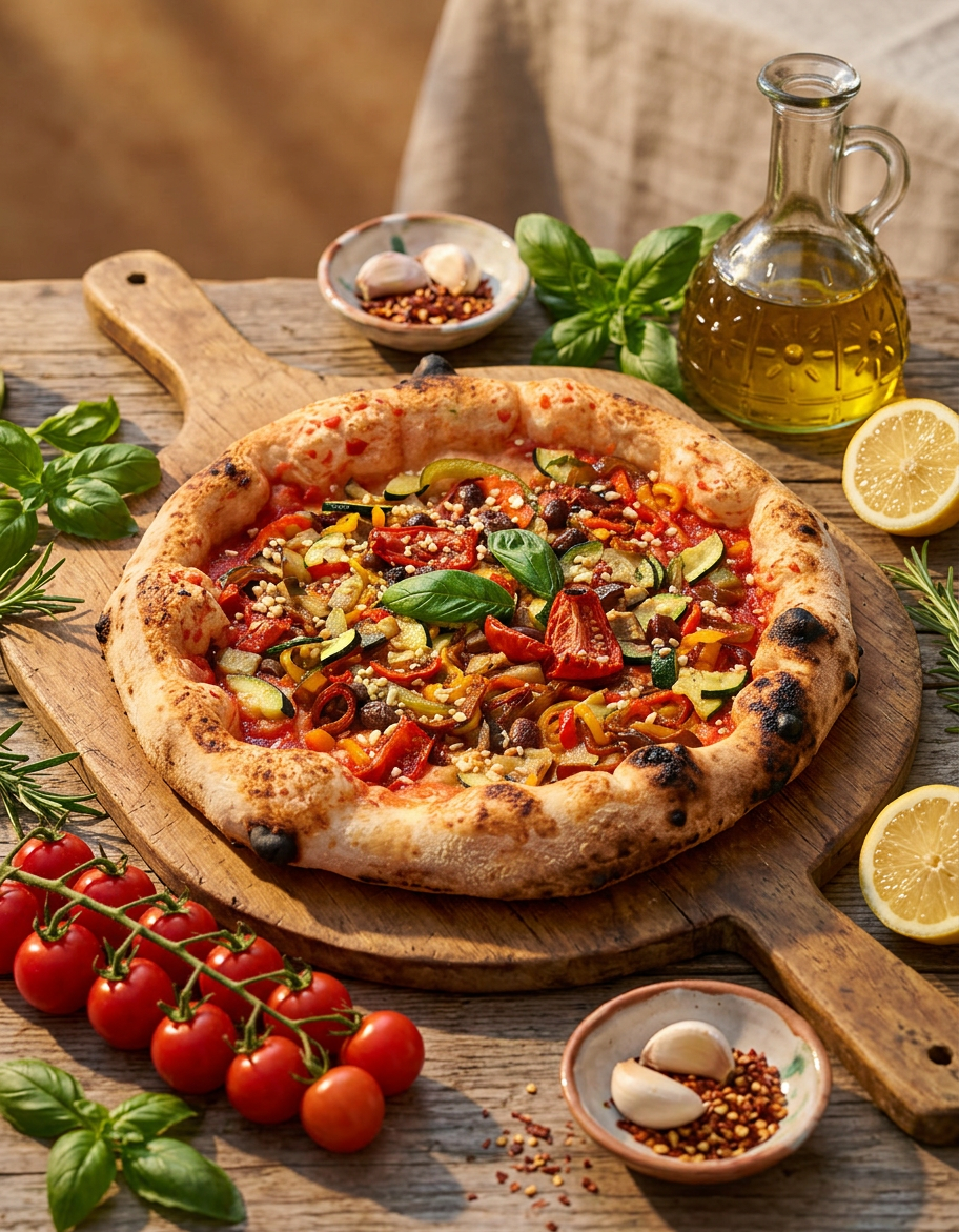 Pizza Basilic de Napoli Breizh, légumes du soleil sur planche de bois