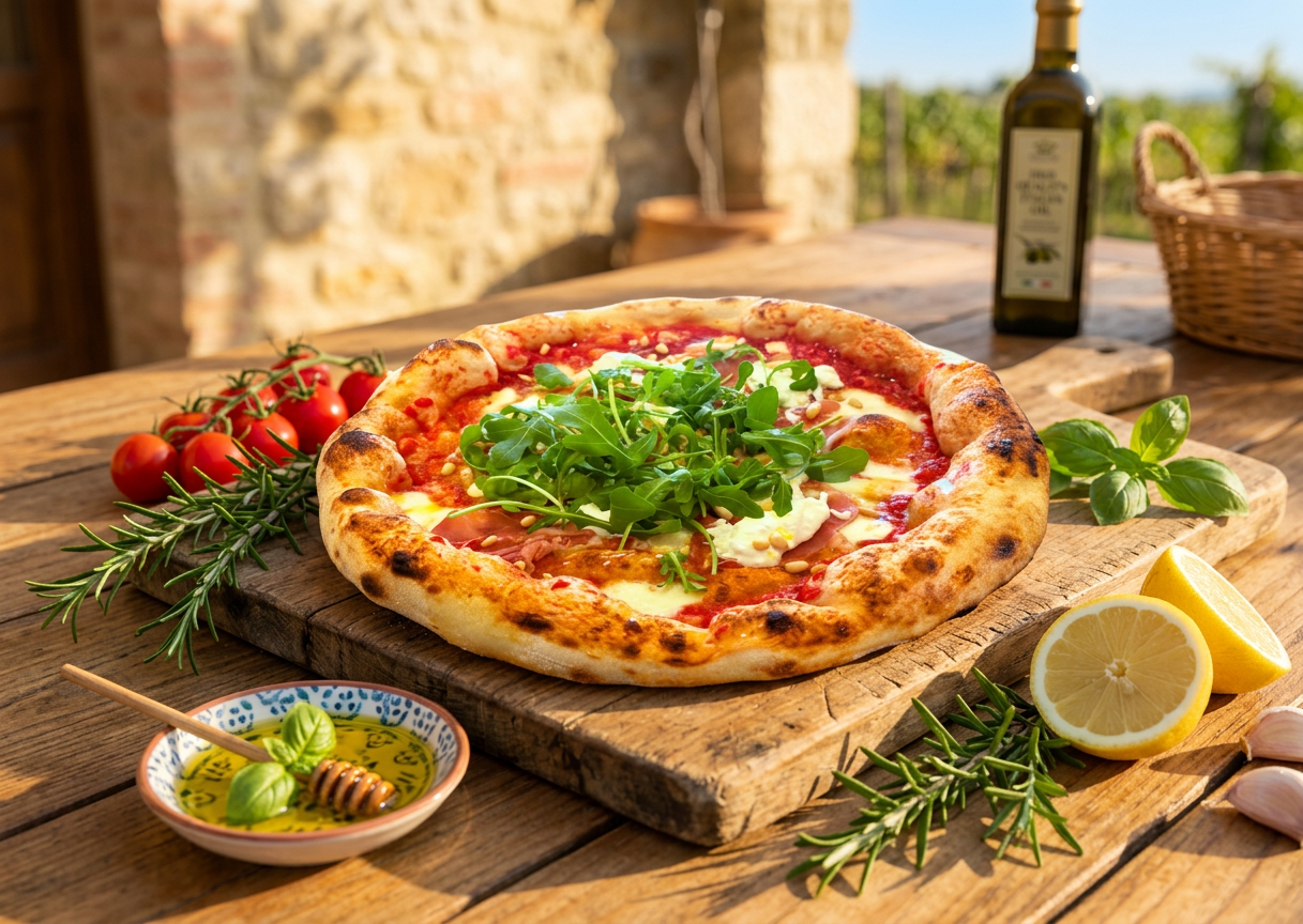 Pizza Toscane : jambon de Parme, roquette, stracciatella et pignons de pin chez Napoli Breizh
